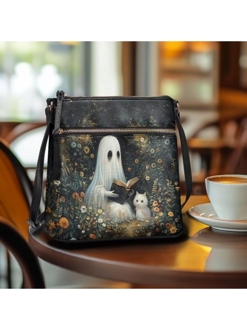 πWomen's Ghostly Cat Crossbody Bag Leather Handbag Sling Bag Large Hobo Bag - Picture 3 of 6
